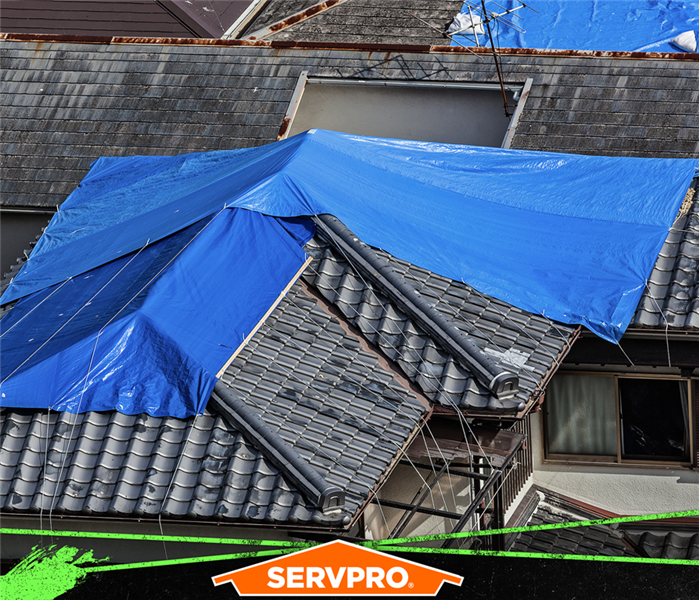 Blue tarp partially covering the roof of two homes in a neighborhood. 